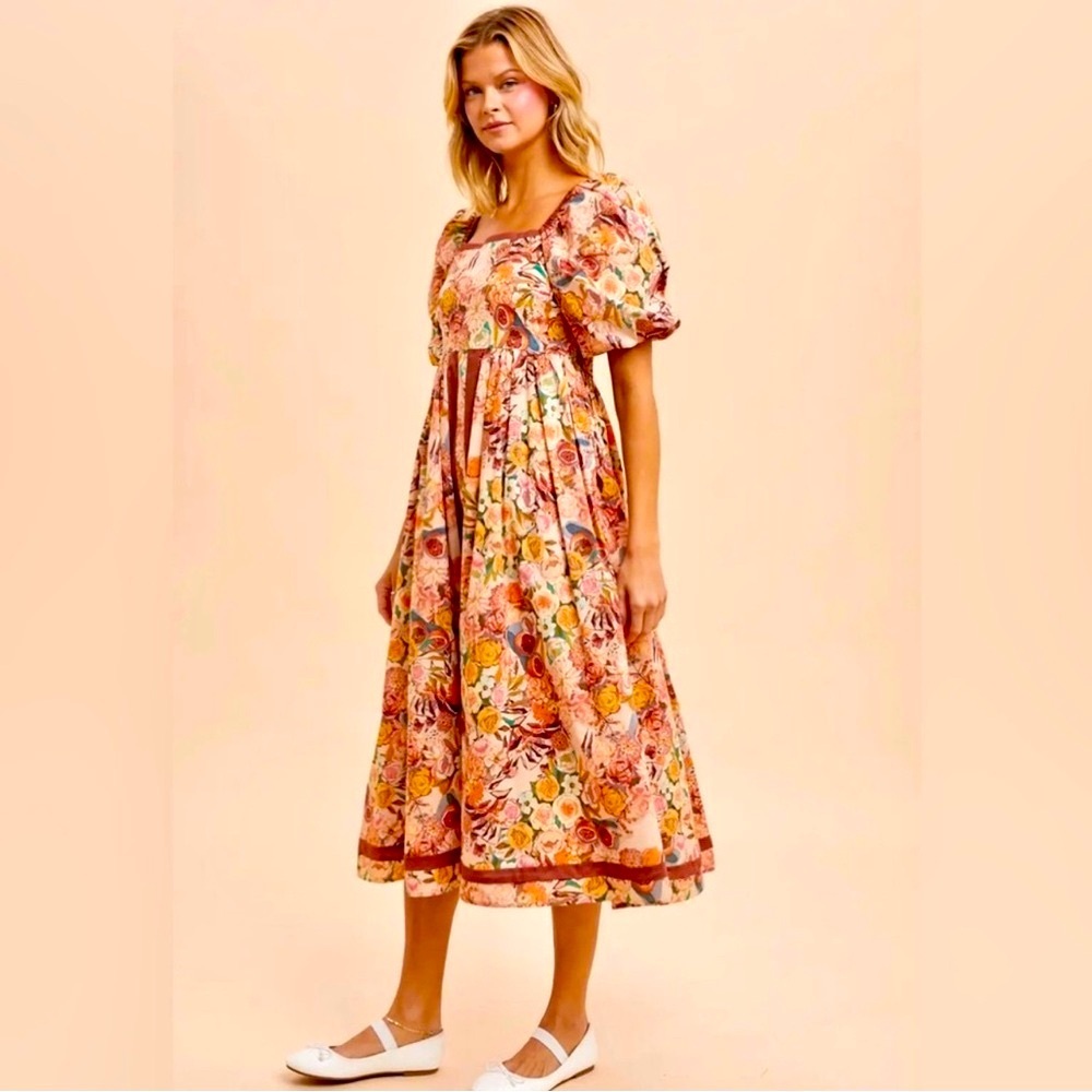 NWT In Loom Floral Puff Sleeve Maxi Dress | Boho Cottagecore Vacation Dress - Picture 12 of 12